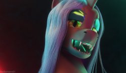 Size: 3000x1756 | Tagged: safe, artist:radiomann01, imported from derpibooru, queen chrysalis, changeling, changeling queen, 3d, blender, blender cycles, female, looking at you, open mouth, sharp teeth, simple background, smiling, teeth