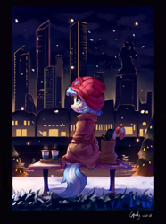 Size: 1800x2425 | Tagged: safe, artist:luciferamon, imported from ponybooru, coco pommel, earth pony, pony, bag, bench, candy, candy cane, city, cityscape, clothes, female, food, looking sideways, looking to the left, mare, night, rear view, scenery, sitting, skyscraper, smiling, turned head, winter, winter outfit