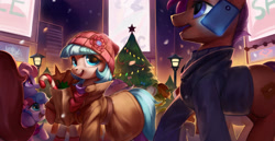 Size: 3300x1700 | Tagged: safe, artist:luciferamon, imported from ponybooru, coco pommel, bag, candy, candy cane, cellphone, christmas, christmas tree, city, clothes, crowd, food, holiday, lamppost, manehattan, phone, snow, snowfall, tree, winter, winter outfit