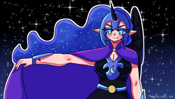 Size: 1920x1080 | Tagged: safe, artist:mylittleyuri, imported from derpibooru, nightmare moon, princess luna, human, alicorn humanization, belt, breasts, clothes, dress, elf ears, fangs, female, helmet, horn, horned humanization, humanized, night, solo, stars, winged humanization, wings