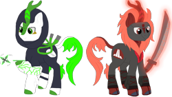 Size: 2560x1440 | Tagged: safe, artist:xada, imported from derpibooru, kirin, clothes, cloven hooves, duo, green eyes, green tail, hood, hoof hold, katana, kirin-ified, magic, makeup, mask, red coat, red eyes, red mane, red tail, roblox, rope, shoes, shuriken, simple background, species swap, sword, tail, tattoo, telekinesis, transparent background, weapon, white coat