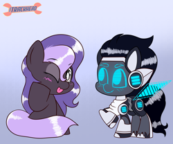 Size: 6000x5000 | Tagged: safe, artist:trackheadtherobopony, imported from derpibooru, oc, oc:eris, oc:nova, earth pony, pony, robot, robot pony, chibi, duo, gradient background, one eye closed, tongue out, wink