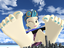 Size: 5000x3750 | Tagged: safe, artist:dragonalex555, imported from derpibooru, indigo zap, equestria girls, 3d, barefoot, electric guitar, feet, fetish, foot fetish, giant human, guitar, guitar solo, looking at you, mega giant, mmd, musical instrument, my little pony equestria girls: friendship games, nail polish, one eye closed, playing guitar, playing instrument, scrunching toes, singing, toenail polish, toenails, toes, wink, winking at you