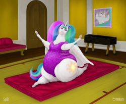 Size: 1400x1155 | Tagged: safe, artist:soobel, imported from derpibooru, bulk biceps, princess celestia, alicorn, pony, chubbylestia, exercise, fat, flexible, gym, looking at you, obese, poster, splits