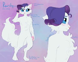 Size: 2000x1600 | Tagged: safe, artist:abbytabbys, imported from derpibooru, rarity, abyssinian, anthro, fanfic:broken destiny, abyssinianized, alternate universe, blue eyes, blue eyeshadow, blue sclera, blue text, blush lines, blushing, broken destiny au, bushy tail, cheek fluff, chest fluff, colored eyebrows, colored paw pads, colored pinnae, colored sclera, elbow fluff, eyelashes, eyeshadow, female, floppy ears, gradient background, hock fluff, looking away, makeup, paw pads, paws, profile, purple hair, raised arm, raricat, reference sheet, ringlets, smiling, solo, species swap, standing, tail, three quarter view, transformed, white fur