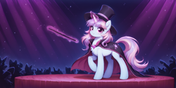 Size: 2400x1200 | Tagged: safe, imported from derpibooru, pony, ai content, ai generated, cape, clothes, crowd, hat, looking at you, prompter:greesys, wand