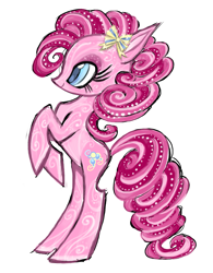 Size: 1391x1782 | Tagged: safe, artist:eyerealm, imported from derpibooru, pinkie pie, earth pony, pony, alternate cutie mark, alternate design, big eyes, blue eyes, blue pupils, bow, coat markings, colored pinnae, colored pupils, curly mane, curly tail, drawpile, eyelashes, eyeshadow, female, hair accessory, hair bow, leg markings, long eyelashes, makeup, mane accessory, mare, pink coat, pink eyeshadow, pink mane, pink tail, profile, rearing, simple background, slender, smiling, solo, sparkly eyeshadow, striped mane, striped tail, swirls, swirly markings, tail, tall ears, thin, white background, yellow bow