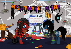 Size: 3336x2316 | Tagged: safe, artist:lightningbolt, derpibooru exclusive, imported from derpibooru, nightmare moon, bat, earth pony, pony, spider, undead, zombie, zombie pony, .svg available, axe, bags under eyes, beanie, bone, boots, bowl, bring me the horizon, button-up shirt, candy, candy bowl, clothes, coca-cola, colored pupils, confused, corn, costume, cup, decoration, drink, drop dead clothing, duo, duo male, facial hair, fake beard, fangs, food, halloween, hat, holiday, indoors, jack-o-lantern, jacket, josh franceschi, lidded eyes, lumberjack, male, messy mane, messy tail, mlp fim's fourteenth anniversary, nightmare night, oliver sykes, open clothes, open jacket, open mouth, ponified, pumpkin, question mark, raised hoof, rolled up sleeves, scar, shirt, shoes, show accurate, soda can, speech bubble, spider web, stallion, standing, stitches, svg, tail, talking, tattoo, torn clothes, underhoof, vector, weapon, you me at six