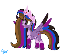 Size: 1324x1004 | Tagged: safe, artist:brightstar40k, imported from derpibooru, oc, oc only, oc:princess kincade, alicorn, pony, alicorn oc, horn, rainbow power, raised hoof, simple background, solo, spread wings, white background, wings