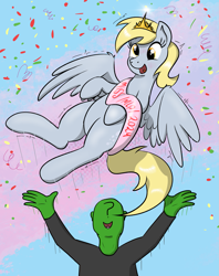 Size: 1523x1920 | Tagged: safe, imported from derpibooru, derpy hooves, oc, oc:anon, human, pegasus, pony, 4chan, award, clothes, competition, confetti, crown, duo, duo male and female, female, happy, human and pony, human male, jewelry, looking at someone, male, mare, miss /mlp/, miss /mlp/ 2024, open mouth, open smile, question mark, regalia, shirt, smiling, solo, spread wings, trophy, wings