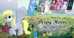 Size: 2833x1475 | Tagged: safe, imported from derpibooru, cheerilee, derpy hooves, marble pie, nurse redheart, pinkie pie, queen chrysalis, rarity, trixie, changeling, changeling queen, earth pony, pegasus, pony, unicorn, 4chan, award, competition, female, flying, horn, mare, miss /mlp/, miss /mlp/ 2024, ponyville, smiling, spread wings, sweet apple acres, town, wings