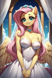 Size: 896x1344 | Tagged: safe, imported from derpibooru, fluttershy, anthro, pegasus, ai content, ai generated, breasts, busty fluttershy, cleavage, clothes, dress, hands together, looking at you, prompter:saberclaw1x, smiling, solo, wedding dress