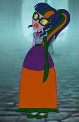 Size: 2219x3412 | Tagged: safe, artist:cartoonmasterv3, imported from derpibooru, sci-twi, twilight sparkle, human, undead, zombie, equestria girls, clothes, disguise, dress, halloween, halloween 2024, holiday, humanized, infected, long dress, long skirt, skirt, solo