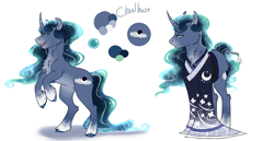 Size: 2900x1500 | Tagged: safe, artist:yozora122, imported from derpibooru, oc, oc only, oc:cloudhaze, pony, unicorn, chest fluff, clothes, curved horn, ethereal mane, ethereal tail, horn, magical lesbian spawn, male, next generation, offspring, parent:mistmane, parent:princess luna, parents:mistluna, rearing, reference sheet, simple background, solo, stallion, tail, white background