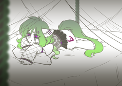 Size: 1684x1191 | Tagged: safe, artist:sehad, imported from derpibooru, oc, oc only, oc:dife, earth pony, pony, bed, canopy bed, clothes, commission, ear piercing, fishnet clothing, fishnets, goth, green hair, makeup, piercing, ribbon, running makeup, sketch, socks, solo, stockings, thigh highs