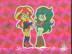 Size: 2560x1920 | Tagged: safe, alternate version, artist:theratedrshimmer, imported from derpibooru, screencap, sunset shimmer, wallflower blush, human, equestria girls, '90s, alternate clothes, anime, cute, duo, duo female, fake screencap, female, flowerbetes, lesbian, retro, shimmerbetes, shipping, wallset