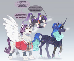 Size: 2210x1812 | Tagged: safe, artist:yozora122, imported from derpibooru, oc, oc only, oc:lapis lagoon, oc:marble quartz, oc:zephyr belle, pegasus, pony, unicorn, bell, bell collar, brother and sister, brothers, chest fluff, clothes, collar, dialogue, ear piercing, earmuffs, earring, female, flying, horn, horn ring, jewelry, leg warmers, male, mare, next generation, offspring, parent:rarity, parent:thunderlane, parents:rarilane, piercing, ring, scarf, siblings, speech bubble, spread wings, stallion, unshorn fetlocks, wings