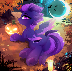 Size: 3394x3380 | Tagged: safe, artist:empress-twilight, imported from derpibooru, oc, oc only, oc:shadow galaxy, bat, pegasus, pony, body markings, candle, commission, detailed background, dock, ear fluff, ethereal mane, female, halloween, high res, holiday, hooves, jack-o-lantern, looking at you, looking back, looking back at you, lying down, mare, moon, pegasus oc, pumpkin, smiling, solo, starry mane, starry tail, starry wings, tail, underhoof, unshorn fetlocks, wings, ych result