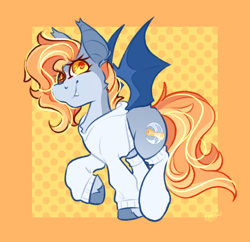 Size: 1950x1886 | Tagged: safe, artist:ezzerie, imported from derpibooru, oc, oc only, oc:snooze, bat pony, pony, bat pony oc, bat wings, clothes, smiling, socks, sweater, wings