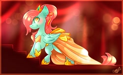 Size: 2752x1668 | Tagged: safe, artist:ezzerie, imported from derpibooru, oc, oc only, pegasus, pony, background, bow, clothes, crown, dress, female, jewelry, ponytail, regalia, shoes, solo, tiara