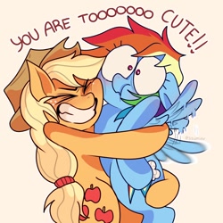 Size: 1280x1280 | Tagged: safe, artist:ssuminv, imported from derpibooru, applejack, rainbow dash, earth pony, pegasus, pony, appledash, applejack's hat, bear hug, blushing, butt touch, cowboy hat, cute, dialogue, duo, duo female, eyes closed, female, freckles, grin, hat, heart, heart eyes, hoof on butt, hug, lesbian, mare, motion blur, outline, pinpoint eyes, puffy cheeks, shipping, signature, simple background, smiling, tied hair, white background, wide eyes, wingding eyes, wings