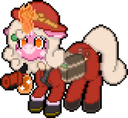 Size: 664x616 | Tagged: safe, artist:bloonacorn, imported from derpibooru, oc, oc only, oc:bloona blazes, unicorn, /mlp/ tf2 geenral, bag, bandolier, digital art, flare gun, hat, horn, magic, pixel art, saddle bag, simple background, solo, team fortress 2, telekinesis, transparent background