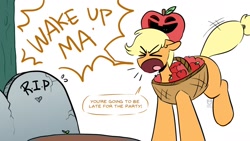 Size: 1600x900 | Tagged: safe, artist:redxbacon, imported from derpibooru, applejack, earth pony, pony, ><, apple, clothes, costume, dialogue, emanata, eyes closed, food, grave, gravestone, halloween, halloween costume, holiday, implied pear butter, open mouth, ponytober, ponytober 2024, simple background, white background, yelling