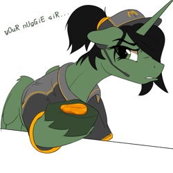 Size: 2000x2000 | Tagged: safe, artist:theuser, oc, oc only, pony, clothes, dialogue, female, mare, mcdonald's, worker