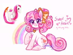 Size: 2048x1536 | Tagged: safe, artist:sonira24, imported from derpibooru, sweetheart, earth pony, pony, my little pony tales, bow, ear piercing, earring, female, g1, hair bow, heart, heart eyes, heart mark, jewelry, looking at you, necklace, piercing, rainbow, raised hoof, signature, smiling, smiling at you, tail, toy, toy reference, wingding eyes