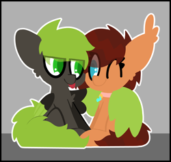 Size: 4750x4500 | Tagged: safe, imported from derpibooru, oc, oc:autumn dusk, oc:green lightning, bat pony, pegasus, :p, bat ears, bat pony oc, bat wings, big ears, black coat, blue eyes, brown mane, chest fluff, commissioner:autumndusk, green eyes, green mane, green wings, hug, jewelry, necklace, orange coat, pegasus oc, simple background, striped mane, tongue out, winghug, wings