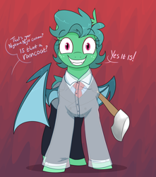 Size: 2042x2308 | Tagged: safe, artist:moonatik, imported from derpibooru, oc, oc only, oc:carte blanche, bat pony, pony, abstract background, american psycho, axe, bat pony oc, bat wings, clothes, costume, eyeshadow, femboy, freckles, grin, makeup, male, nightmare night costume, patrick bateman, raincoat, smiling, stallion, suit, weapon, wings