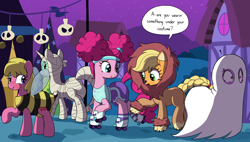 Size: 3000x1700 | Tagged: safe, artist:skitter, imported from twibooru, applejack, cherry berry, lyra heartstrings, pinkie pie, clothes, costume, diaper, diaper fetish, fetish, image, nightmare night, png