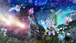 Size: 3840x2160 | Tagged: safe, artist:laylahorizonsfm, derpy hooves, fluttershy, pinkie pie, rainbow dash, pony, art pack:under the mistletoe, 3d, christmas, christmas tree, female, holiday, mare, tree