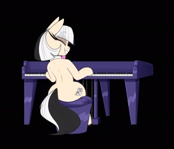 Size: 2048x1755 | Tagged: safe, artist:lockheart, imported from derpibooru, oc, oc only, earth pony, pony, black background, bowtie, butt, dexterous hooves, eyes closed, female, grin, lidded eyes, long eyelashes, mare, mare fair, musical instrument, piano, plot, simple background, sitting, smiling, solo