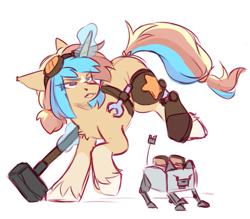 Size: 539x473 | Tagged: safe, artist:cheekipone, oc, oc only, oc:star screw, pony, robot, unicorn, action pose, amputee, belt, female, goggles, goggles on head, gritted teeth, hair tie, hammer, horn, magic, mare, prosthetic leg, prosthetic limb, prosthetics, simple background, sledge hammer, solo, unicorn oc, unshorn fetlocks, utility belt, white background, wrench