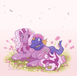 Size: 2175x2140 | Tagged: safe, artist:k-eilonwy, imported from derpibooru, master kenbroath gilspotten heathspike, wysteria, dragon, earth pony, pony, duo, duo male and female, female, flower, g3, male, solo