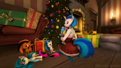 Size: 1920x1080 | Tagged: safe, artist:gr-vinyl-scratch, dj pon-3, vinyl scratch, oc:mane, oc:nyxie, anthro, bat pony, original species, plush pony, art pack:winter wonderland 2019, 3d, breasts, christmas, christmas tree, clothes, glasses, holiday, looking back, plushie, socks, toe socks, tree