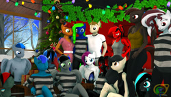 Size: 1920x1080 | Tagged: safe, artist:dj_thunder, oc, oc only, oc:azure thunder, oc:runic, oc:spiral toes, anthro, art pack:winter wonderland 2019, 3d, breasts, christmas, christmas tree, clothes, eyes closed, group, holiday, male, partial nudity, topless, tree