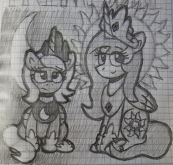 Size: 4143x3961 | Tagged: safe, artist:rosa ushiromiya, imported from derpibooru, princess celestia, princess luna, alicorn, pony, duo, duo female, female, looking at you, mare, mlp fim's fourteenth anniversary, monochrome, moon, s1 luna, sitting, sun, traditional art, young celestia, young luna