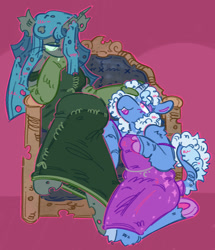 Size: 978x1136 | Tagged: safe, artist:lichenbug, imported from derpibooru, queen chrysalis, trixie, anthro, changeling, changeling queen, unguligrade anthro, unicorn, alternate design, alternate eye color, alternate hairstyle, alternate tailstyle, arm fluff, beanbrows, blue coat, blue mane, blue tail, blush scribble, blushing, changeling horn, chest fluff, clothes, coat markings, colored hooves, colored horn, colored pinnae, colored pupils, colored sclera, colored underhoof, crossed legs, curly mane, curly tail, dress, duo, duo female, ear piercing, earring, elbow fluff, evening gloves, eyebrows, eyebrows visible through hair, eyelashes, eyeshadow, facial markings, fangs, female, gloves, gown, gray body, green dress, green eyes, green eyeshadow, green pupils, green sclera, hand on head, hoof fingers, hooves, horn, jewelry, knee fluff, kneeling, leonine tail, lesbian, long eyelashes, long gloves, long mane, looking at each other, looking at someone, looking down, makeup, mare, off shoulder, piercing, pink eyes, profile, purple blush, purple dress, purple eyeshadow, purple hooves, shipping, shoulder fluff, sitting, slit pupils, small horn, socks, straight mane, tail, tail fluff, tail markings, three quarter view, throne, trixalis, two toned mane, underhoof, unicorn horn, unshorn fetlocks, waist chain, wall of tags, white pupils