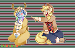 Size: 5100x3300 | Tagged: safe, artist:aquadango, applejack, rainbow dash, anthro, art pack:winter wonderland 2019, breasts, clothes, duo, female, kneeling, laughing, open mouth, pajamas, sitting