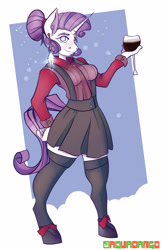 Size: 3300x5100 | Tagged: safe, artist:aquadango, rarity, anthro, art pack:winter wonderland 2019, boots, breasts, clothes, female, glass, shoes, skirt, socks, solo, wine glass