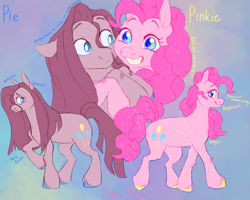 Size: 2000x1600 | Tagged: safe, artist:abbytabbys, imported from derpibooru, pinkie pie, earth pony, pony, fanfic:broken destiny, alternate universe, bags under eyes, blue eyes, blue hooves, blue pupils, blue text, broken destiny au, colored eyebrows, colored eyelashes, colored hooves, colored pupils, curly mane, curly tail, duality, duo, duo female, eyelashes, female, frown, glowing, glowing body, glowing mane, glowing tail, gradient background, grin, hooves, hug, implied lesbian, implied pinkiedash, implied rainbow dash, implied shipping, looking at someone, looking at you, looking back, mare, pink coat, pink eyelashes, pink mane, pink tail, pinkamena diane pie, profile, raised hoof, raised hooves, reference sheet, self paradox, smiling, smiling at you, sparkles, sparkly body, sparkly coat, sparkly eyes, sparkly mane, sparkly tail, standing on three hooves, straight mane, straight tail, tail, three quarter view, transformed, unshorn fetlocks, white pupils, wingding eyes, yellow hooves, yellow text