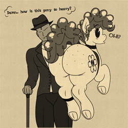 Size: 2684x2680 | Tagged: safe, artist:isaac_pony, imported from derpibooru, oc, oc:anon, oc:flower tie, human, pony, black and white cartoon, butt, butt freckles, clothes, cutie mark, dialogue, female, flower, freckles, frog (hoof), hat, holding a pony, hooves, large butt, looking back, male, mare, pac-man eyes, plot, raised hoof, rubber hose animation, suit, tail, text, underhoof