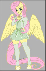 Size: 587x902 | Tagged: safe, artist:inkkeystudios, imported from derpibooru, fluttershy, anthro, pegasus, unguligrade anthro, clothes, gray background, simple background, skirt, socks, solo, thigh highs