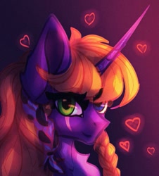 Size: 737x814 | Tagged: safe, artist:reminati_27, imported from derpibooru, oc, oc only, pony, unicorn, braid, bust, chest fluff, eye scar, facial scar, female, floating heart, heart, heterochromia, horn, mare, portrait, scar, solo