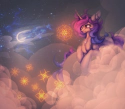 Size: 1168x1018 | Tagged: safe, artist:reminati_27, imported from derpibooru, oc, oc only, pony, unicorn, chest fluff, cloud, crescent moon, female, horn, mare, moon, night, on a cloud, solo