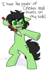 Size: 600x900 | Tagged: safe, alternate version, artist:php193, imported from derpibooru, oc, oc only, oc:filly anon, earth pony, /mlp/, angry, dialogue, female, filly, foal, frog (hoof), funny, green eyes, horn pointer, i have the power of god and anime on my side, simple background, solo, text, underhoof, white background