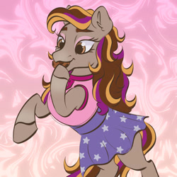 Size: 894x894 | Tagged: safe, artist:cupute, imported from derpibooru, horse, clothes, cookie, dreamer (wild manes), eating, eyeshadow, female, food, makeup, mare, skirt, solo, wild manes