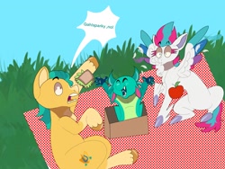 Size: 2048x1536 | Tagged: safe, artist:rinnapaws, imported from derpibooru, hitch trailblazer, zipp storm, dragon, earth pony, pegasus, pony, apple, baby, baby dragon, dialogue, female, food, g5, male, mare, outdoors, picnic, sandwich, sparky sparkeroni, stallion, surprised, trio, unitober 2024